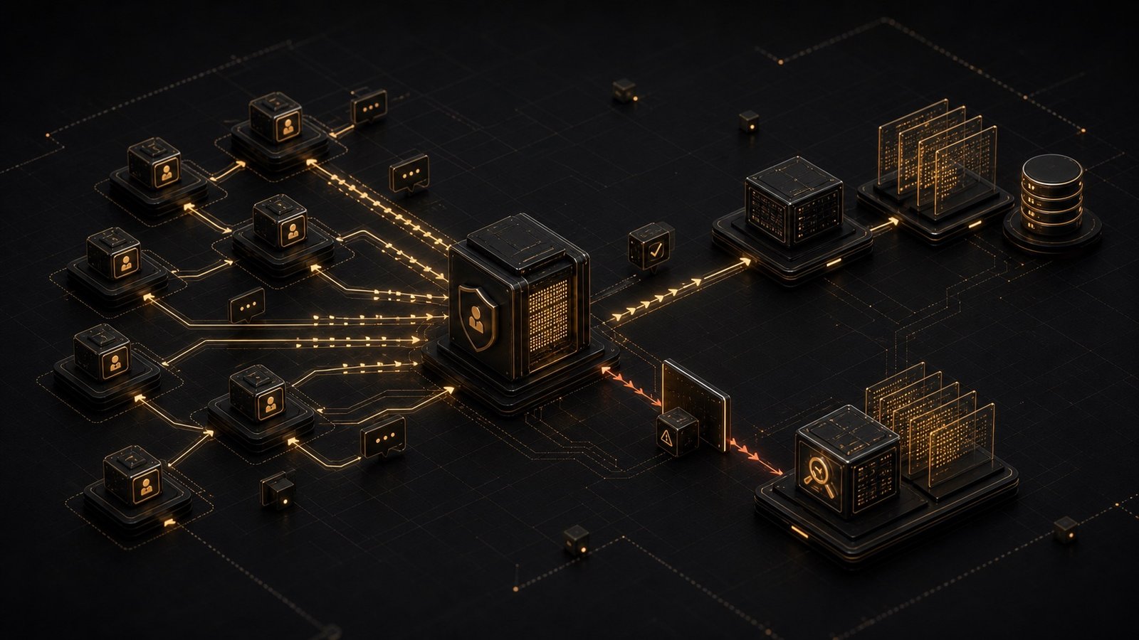 Dimensional technical illustration of AI agent traffic passing through a security inspection gateway.