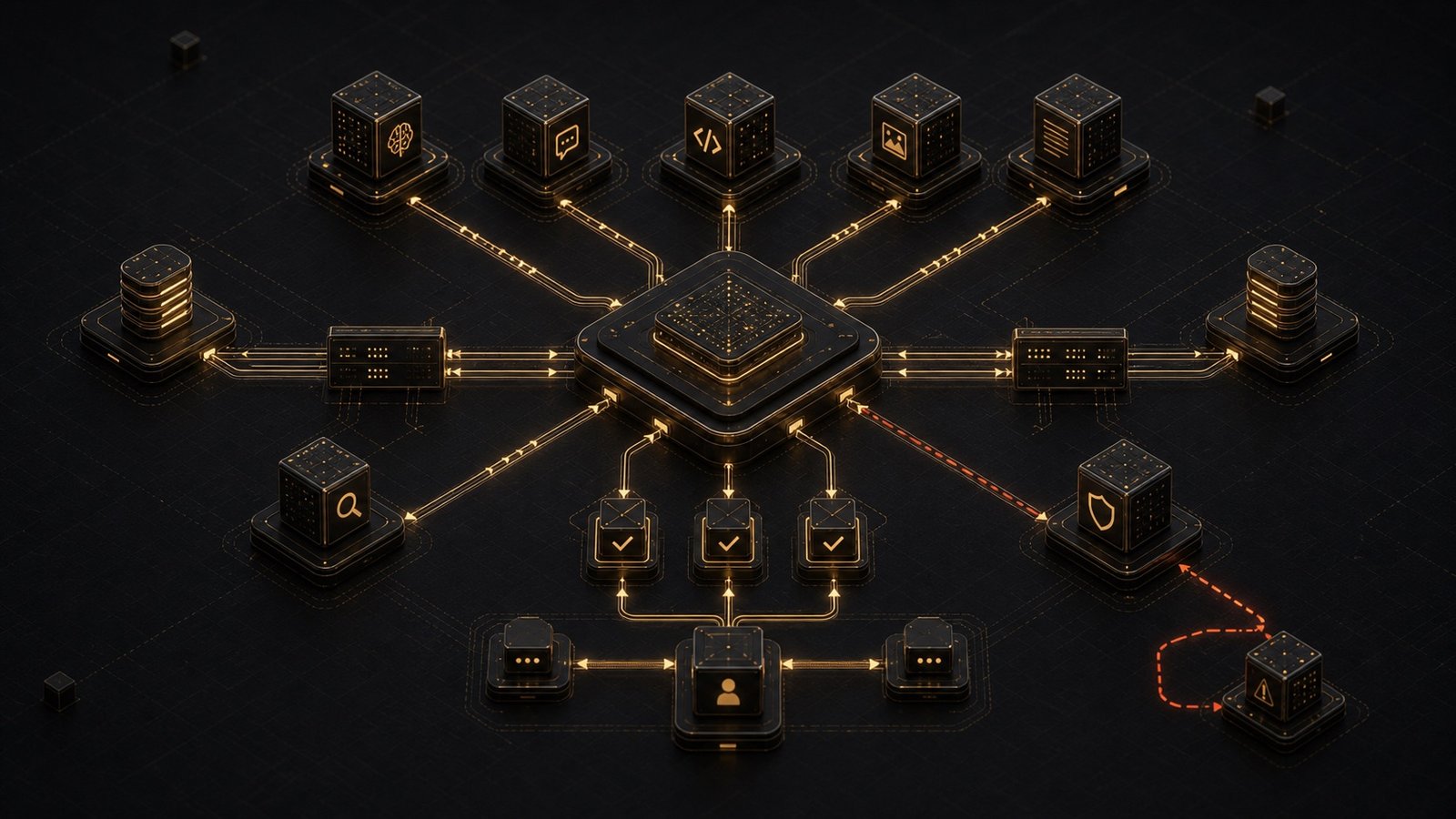 Dimensional technical illustration of an orchestration layer routing work across multiple AI tool modules.