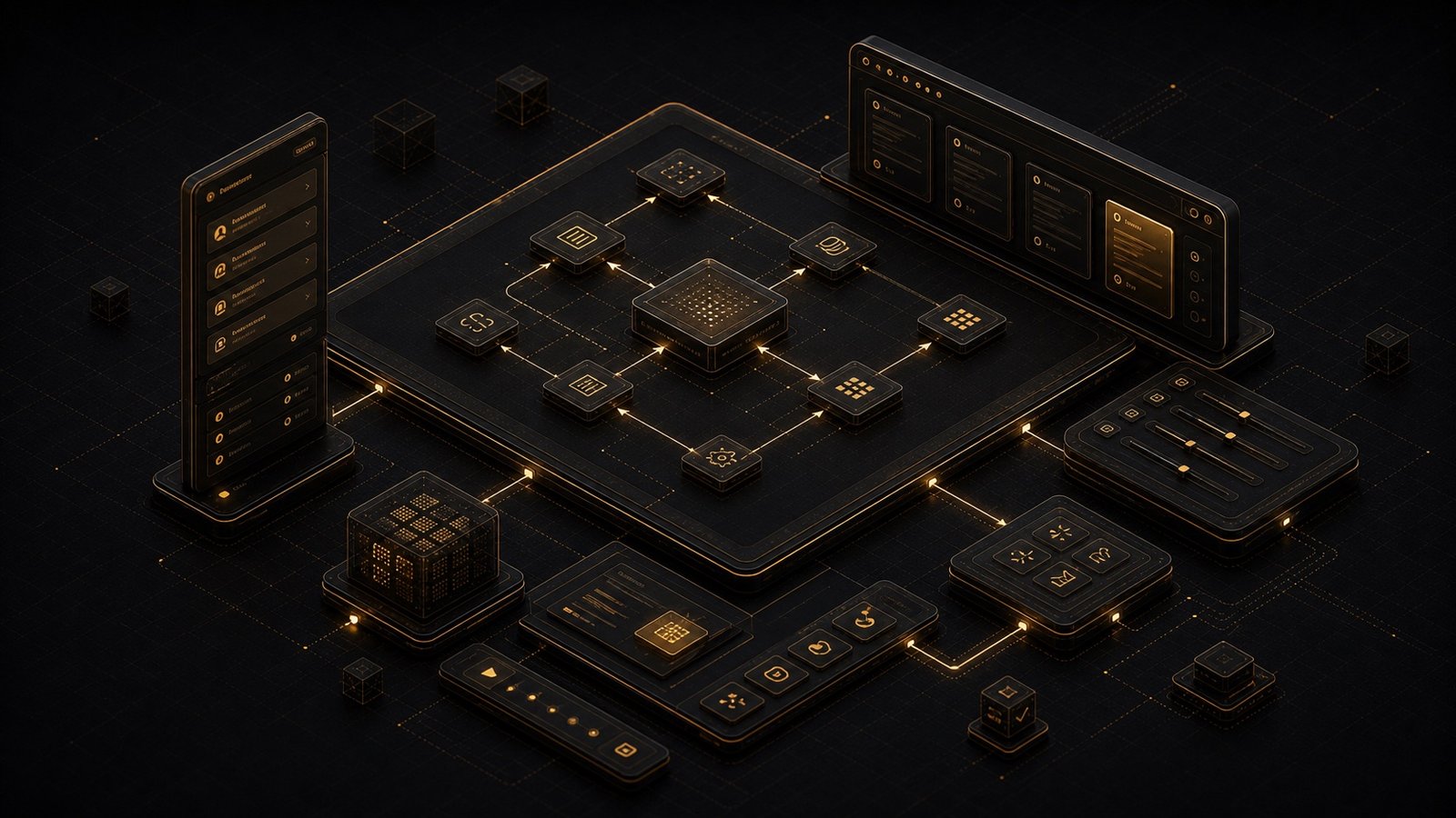 Dimensional technical illustration of structured AI interface surfaces with canvas, side panel, controls, and comparison modules.