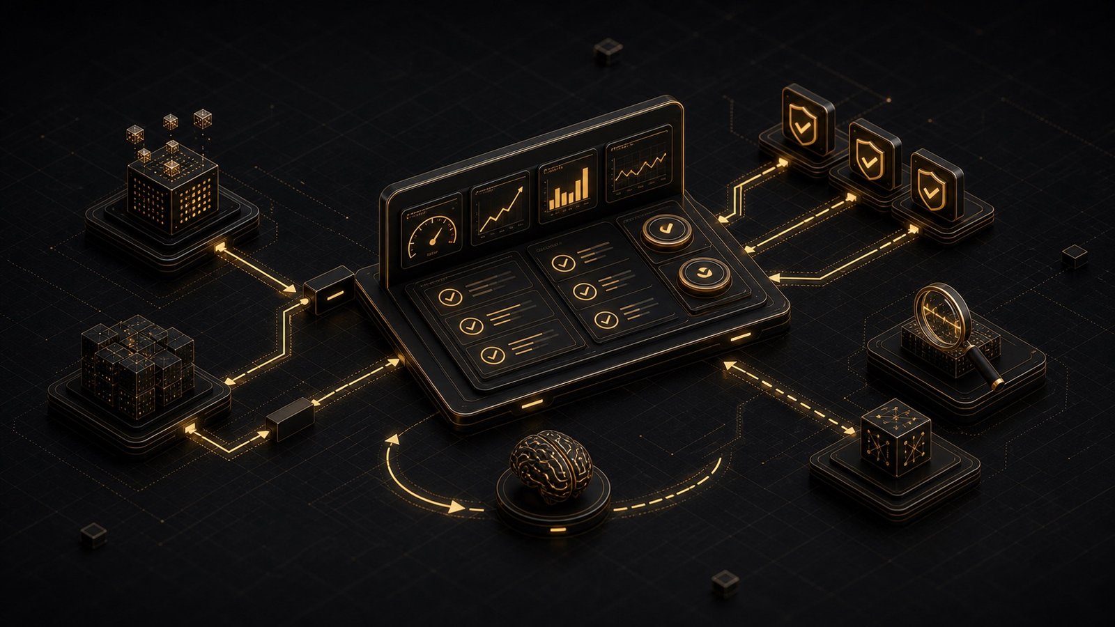 Dimensional technical illustration of an AI evaluation scorecard with quality gates, metrics, and feedback loops.