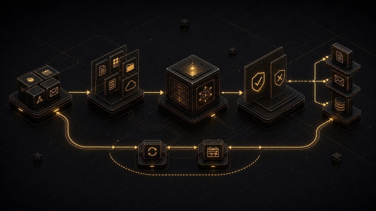 Dimensional technical illustration of an automated AI workflow pipeline from trigger to review to output.