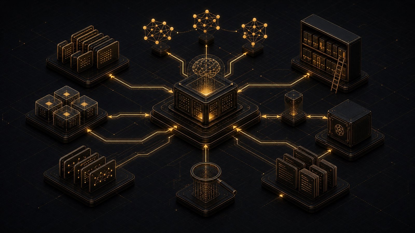 Dimensional technical illustration of a knowledge vault with linked memory nodes and retrieval paths.