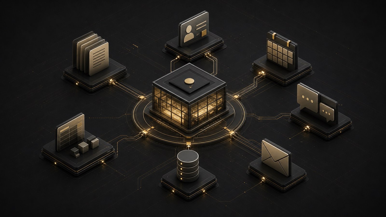 Dimensional technical illustration showing documents, identity, calendar, chat, email, and data connected to a central control plane.