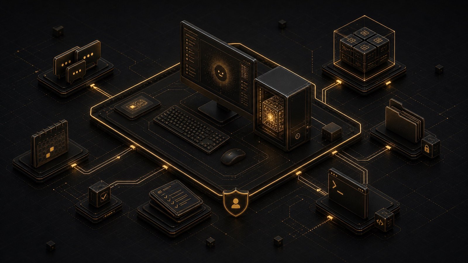 Dimensional technical illustration of a local AI assistant connected to messaging, calendar, terminal, and tool modules.