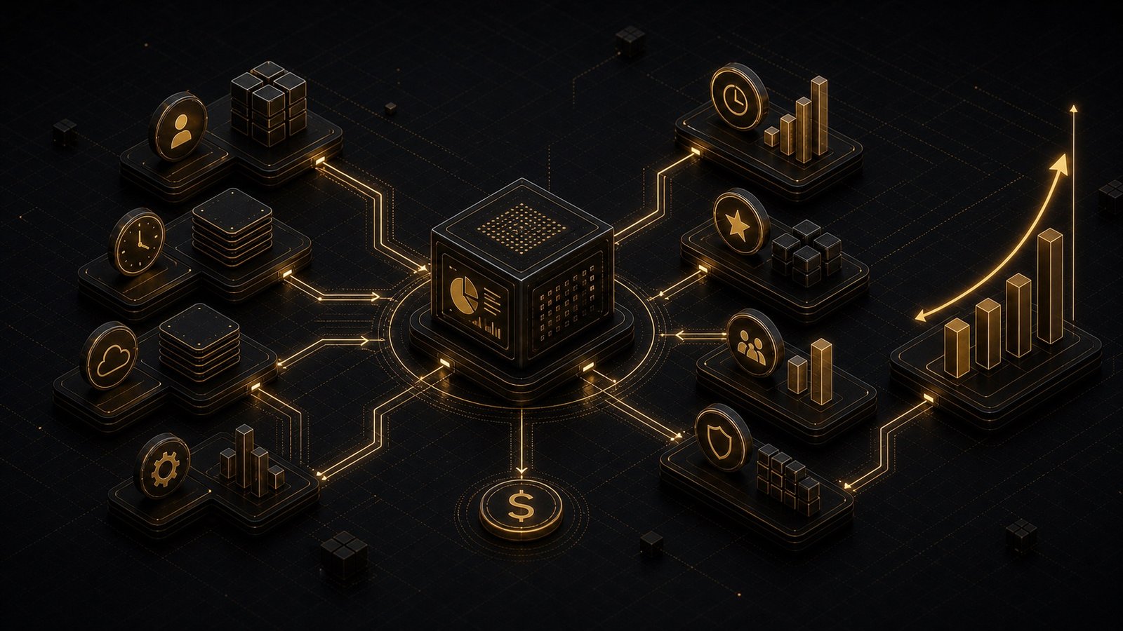 Dimensional technical illustration of a personal AI ROI model balancing investment blocks, value modules, and an upward chart path.