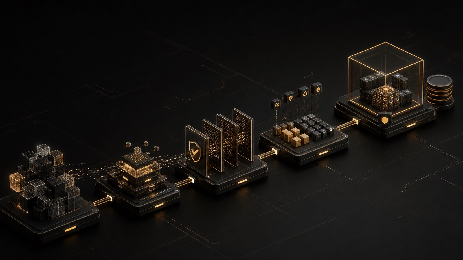 Dimensional technical illustration of a staged migration from rented platforms into a controlled sovereign workspace.