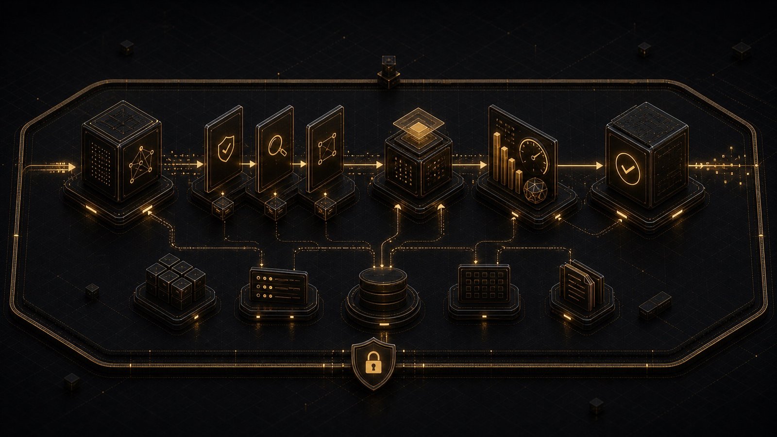 Dimensional technical illustration of an AI trust layer with validation gates, evidence modules, and an approved output boundary.